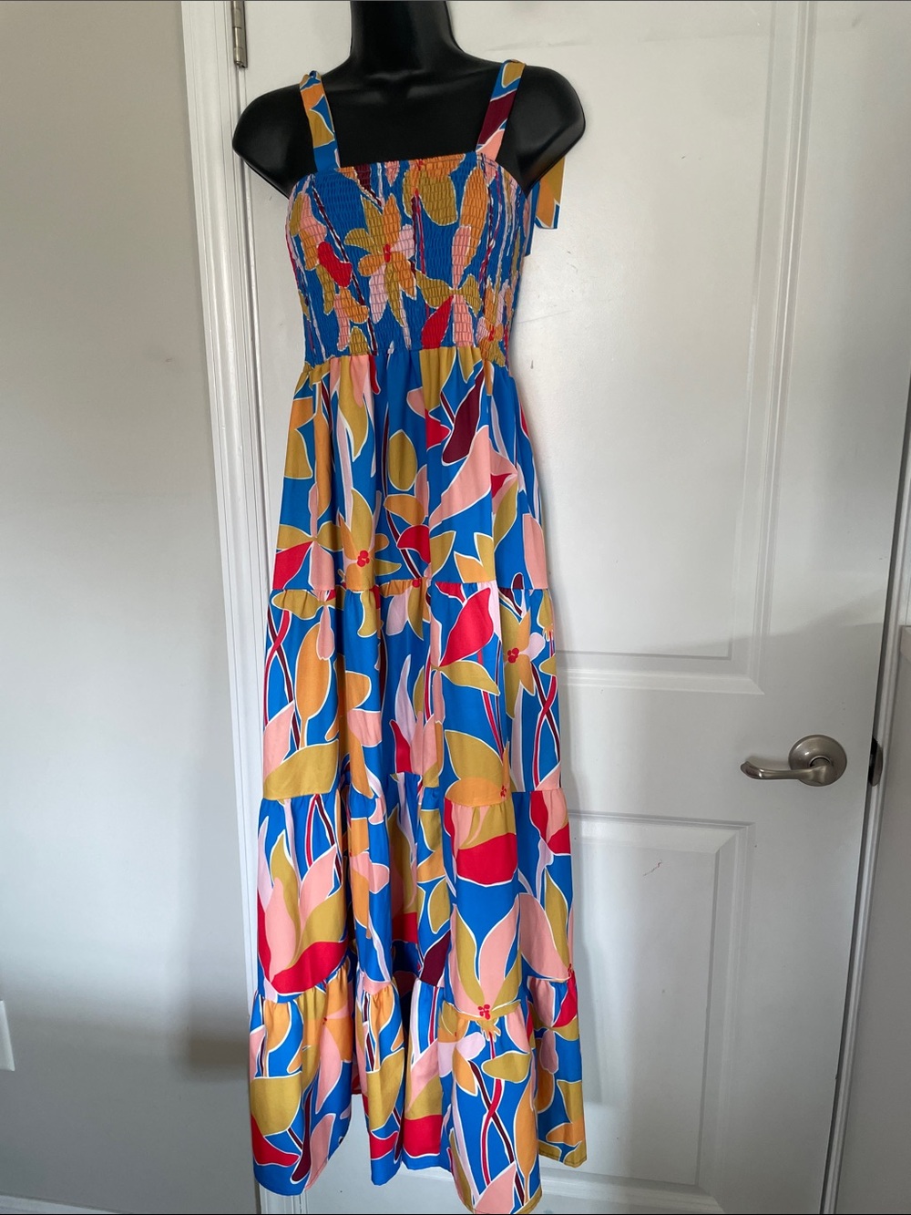 Blue Floral Maxi Sundress with Smocked Bodice